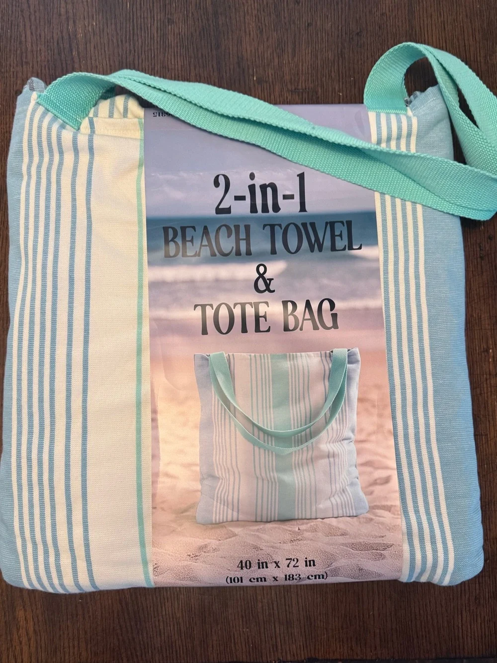 2-in-1 Beach Towel and Tote Bag by Himatsingka | Aqua & Blue Striped | NWT